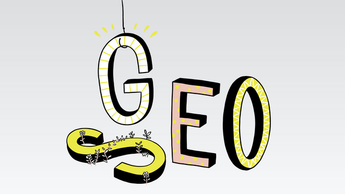 Illustrierter Schriftzug SEO, aber das S liegt auf dem Boden und Pflanzen überwachsen ihn während von oben ein strahlendes G an seine Stelle tritt.