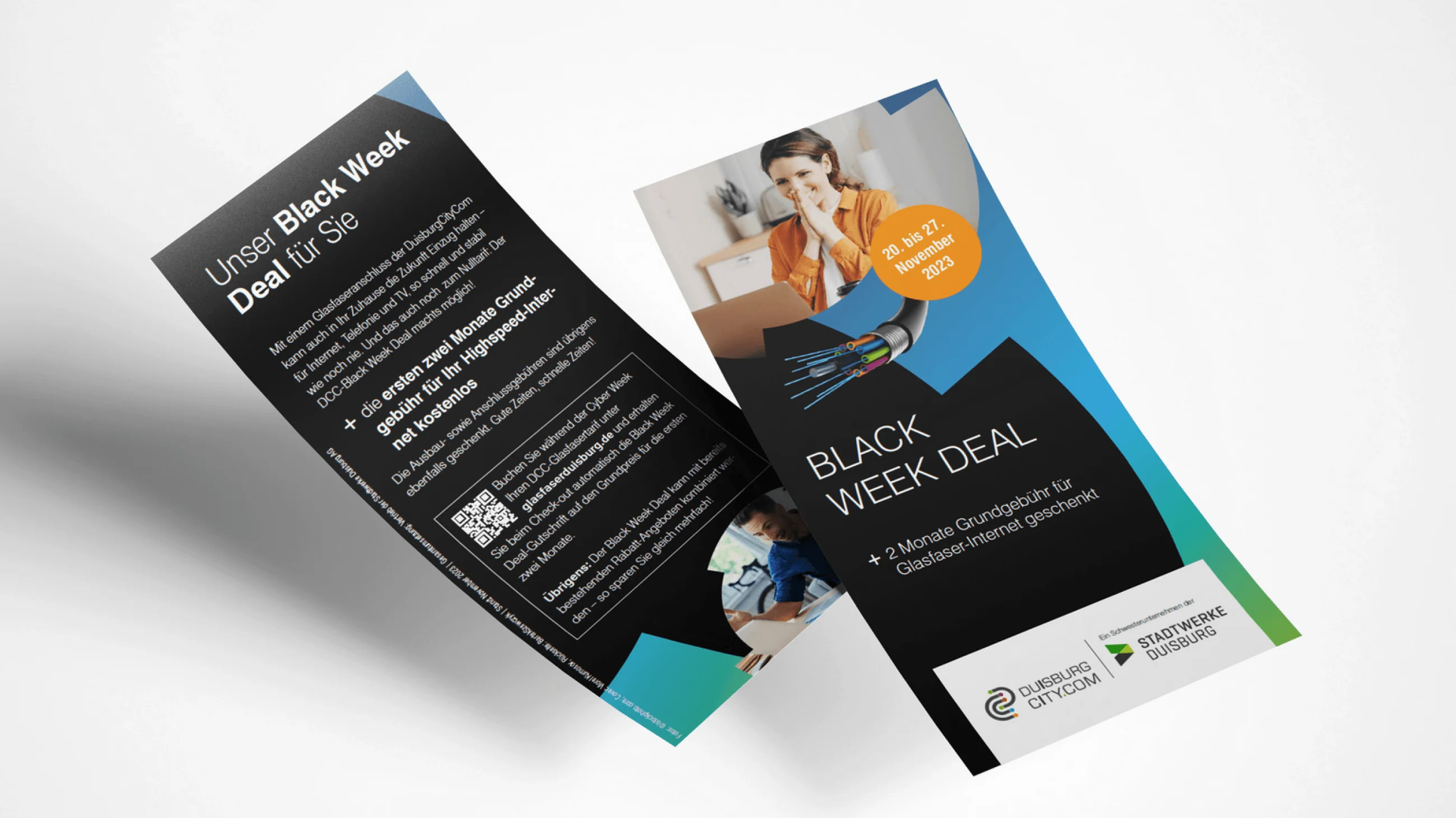 Flyer für Black Week Deal mit Glasfaserangebot und Frau am Laptop.