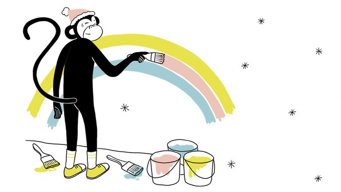 Illustration: Äffchen mit Weihnachtsmütze malt bunten Regenbogen
